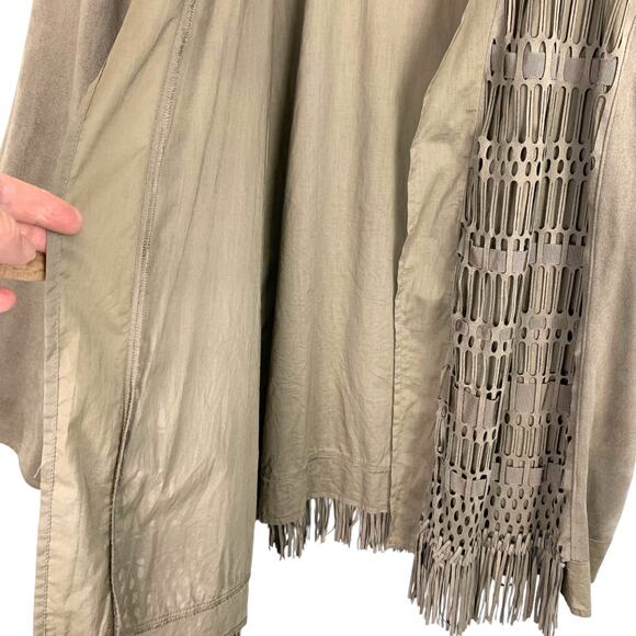 Chico's Women's XL Tan Faux Suede Fringe Lattice Ribbon Cutout Jacket - Picture 3 of 11